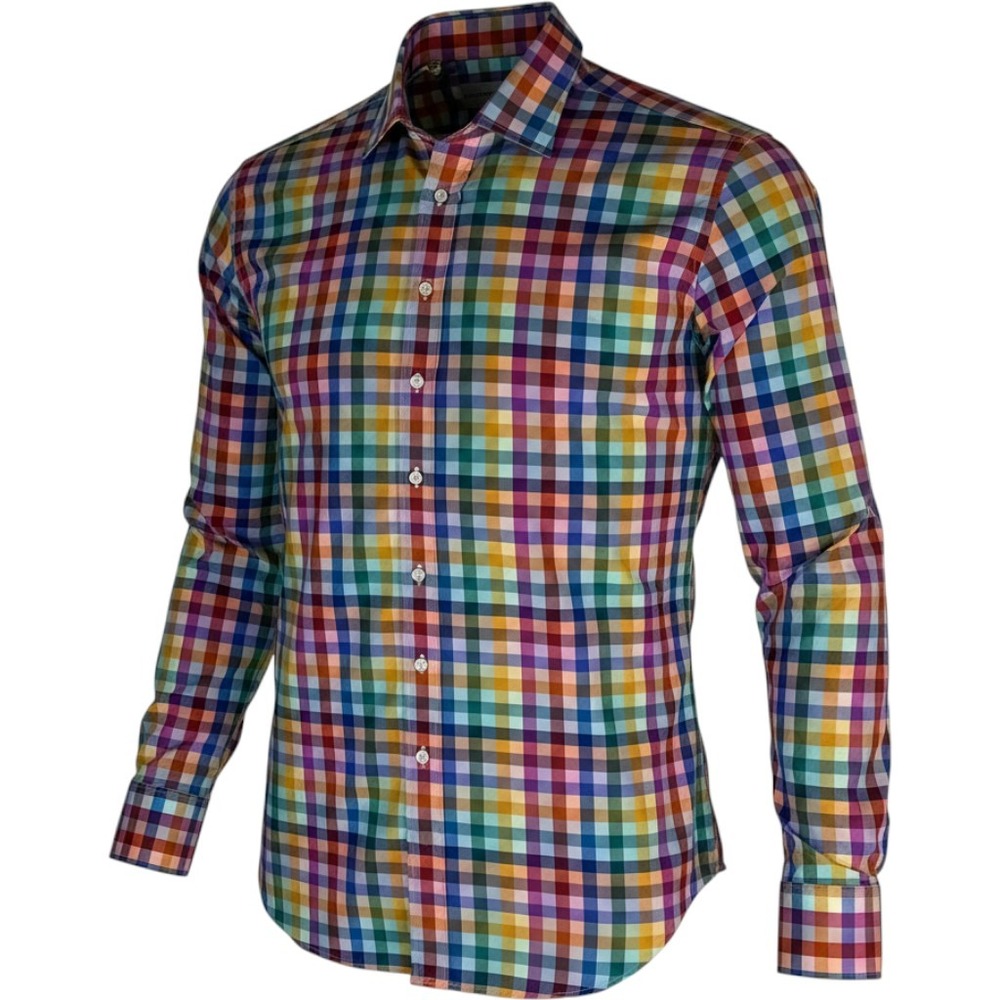 Etro Milano Mens Rainbow Gingham Check Button Down Shirt Size 44 XL Italy